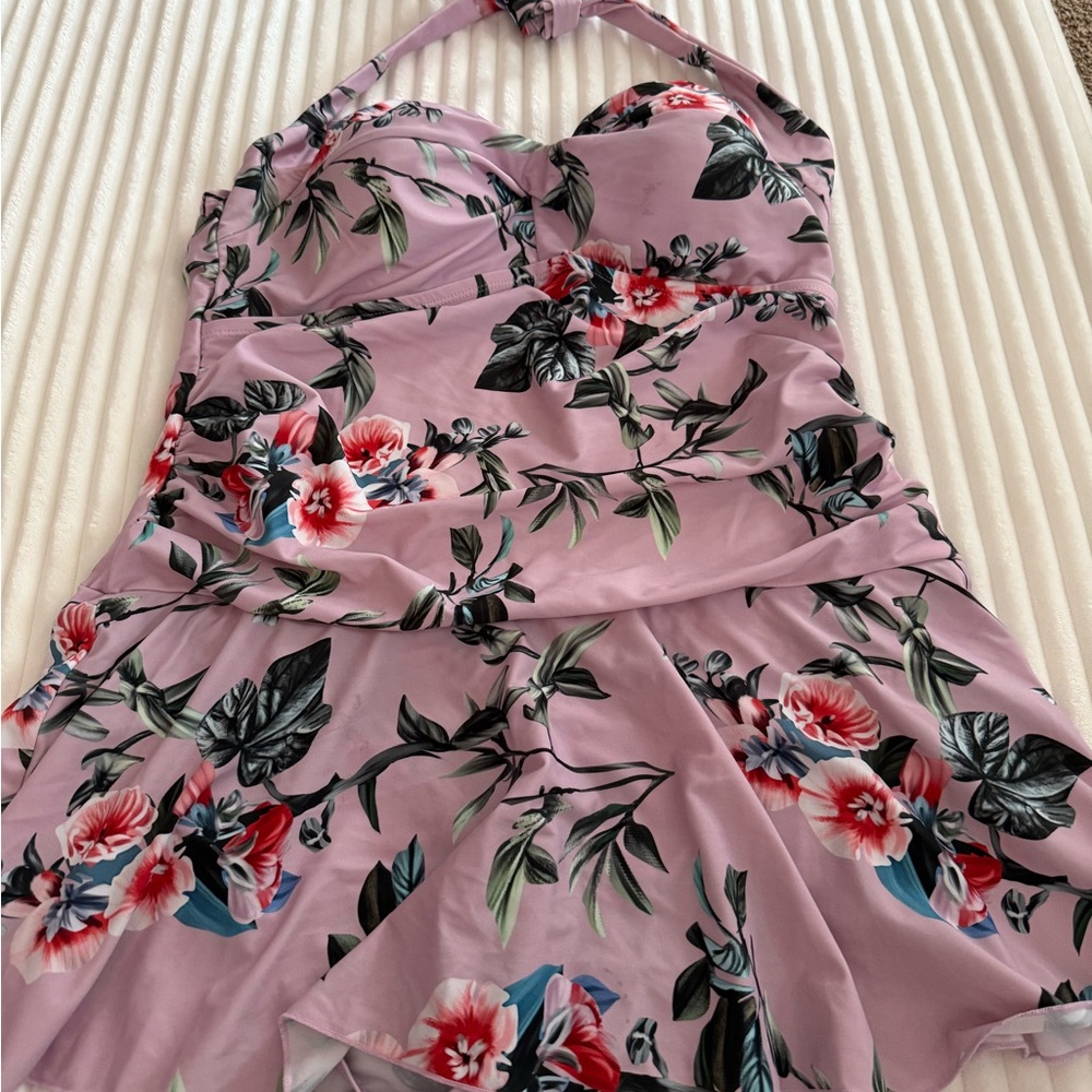 Floral Halter Neck One Piece Swimsuit - Pink